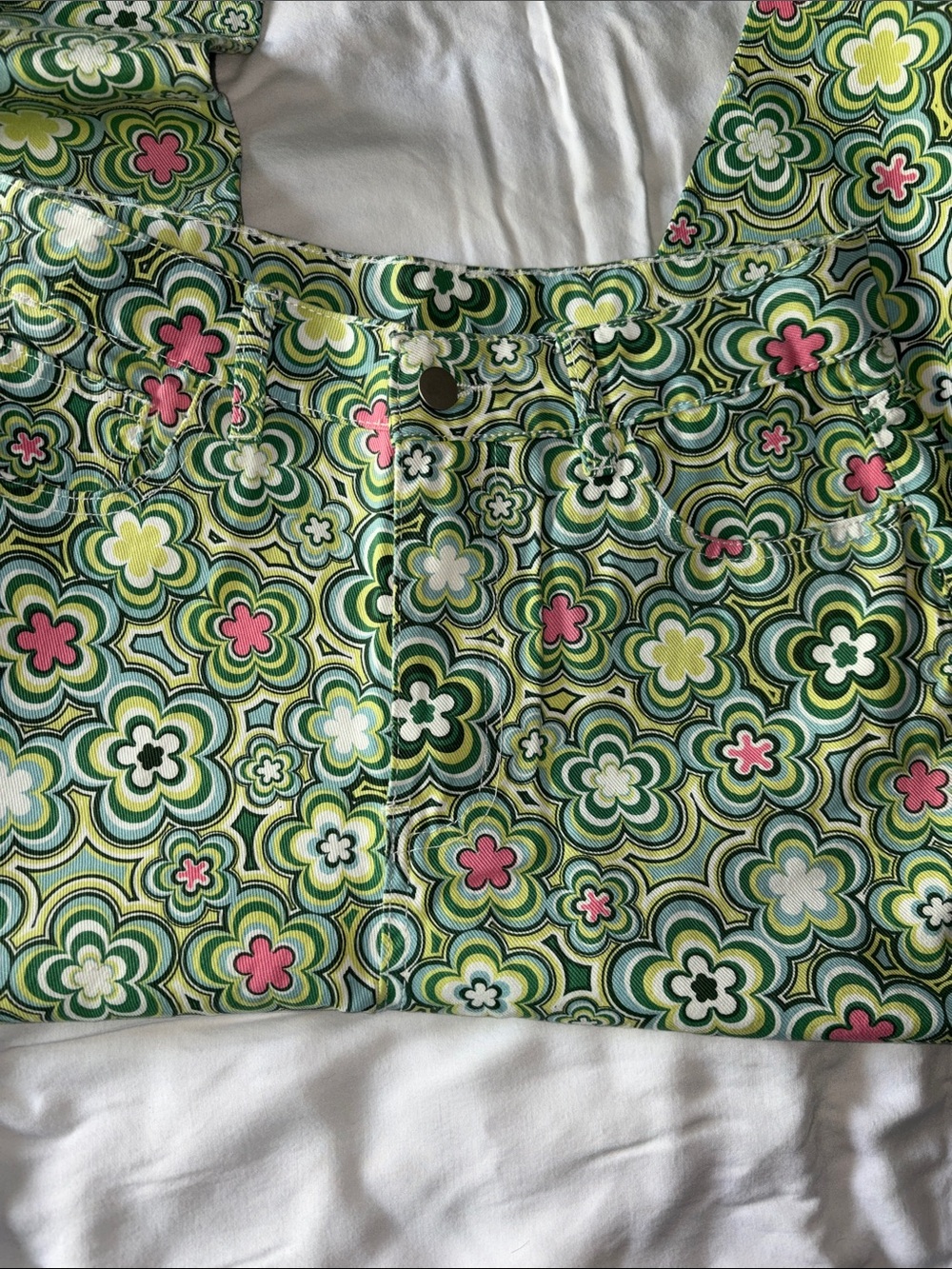 70s Style Green Floral Print High Waist Straight Leg Jeans womens SMALL - Picture 3 of 4